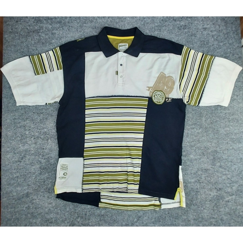 Akademiks Mens 2XL Green‎ Striped Short Sleeve Polo Shirt Streetwear Y2K Cotton